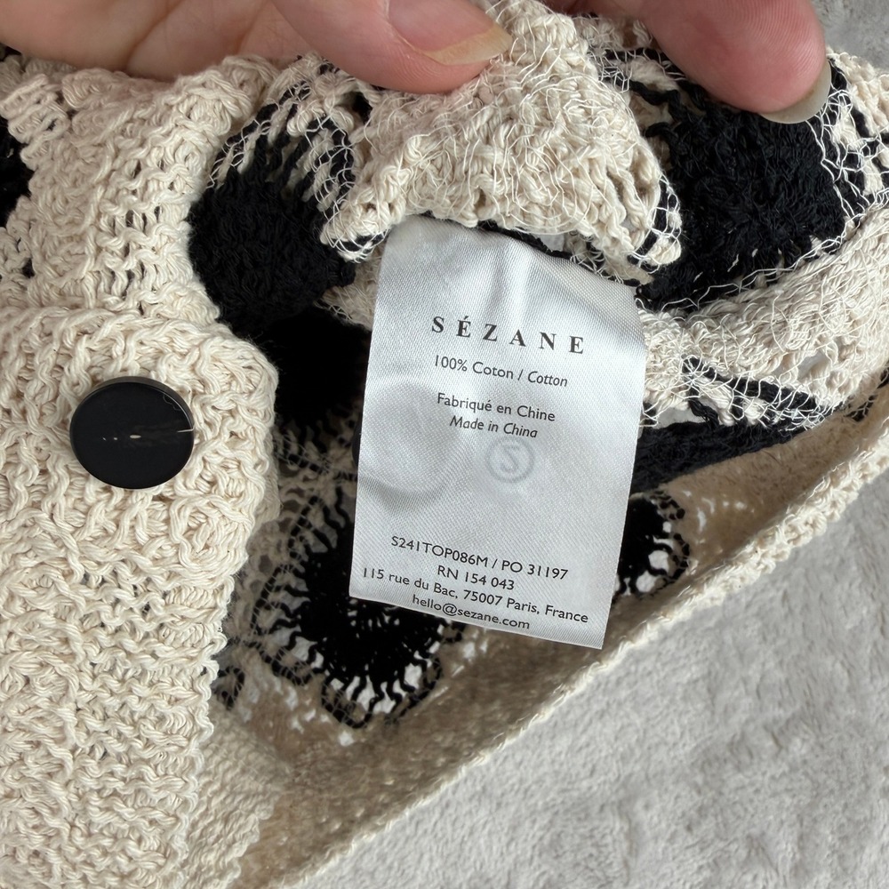 Sezane RON Black Cream Diamond Crochet Cotton Button Front Vest S S241TOP086M - Picture 5 of 7